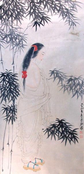 チャン・ダイチエンの赤い髪の美しさ ハンカチ 木靴 白衣 竹 1980年 古い中国のインク油絵